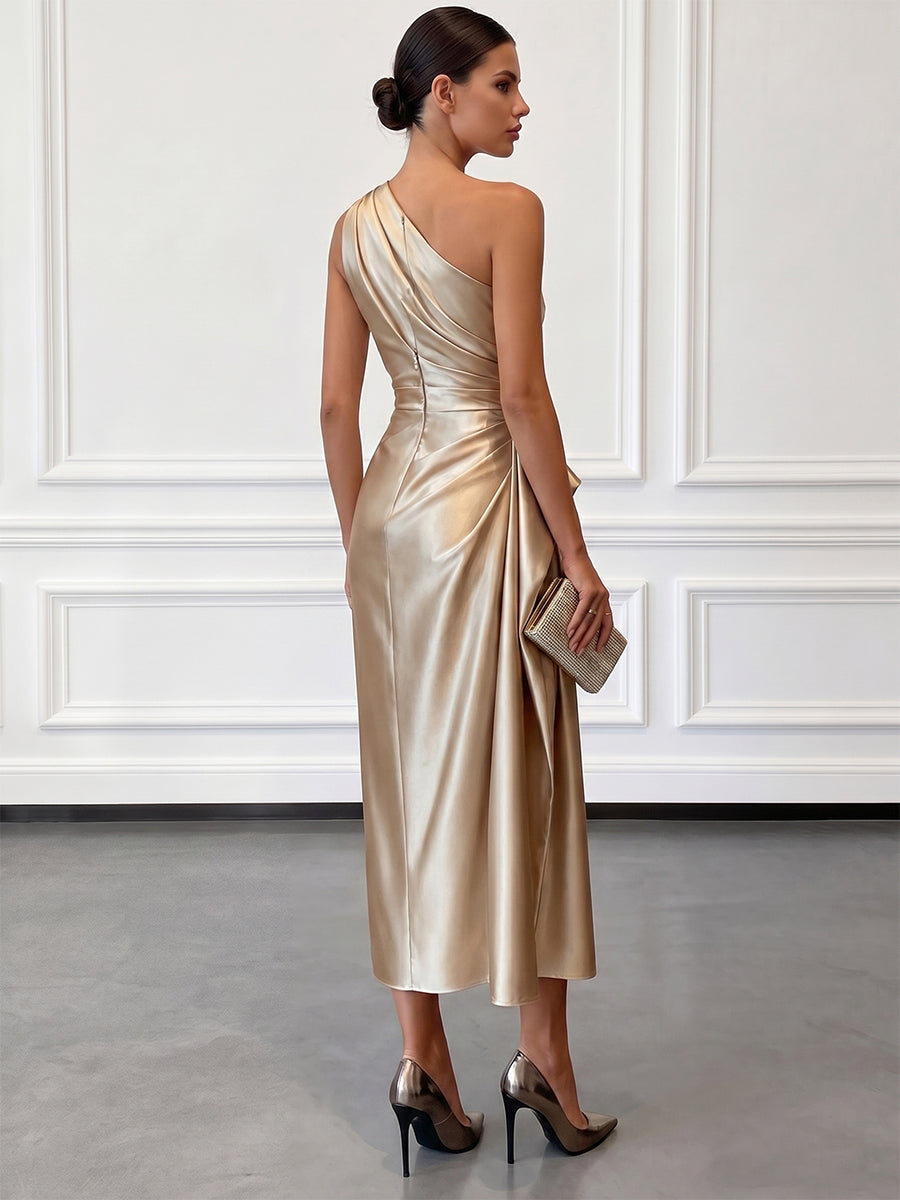 Satin One-Shoulder Ruched Wedding Guest Midi Dress
