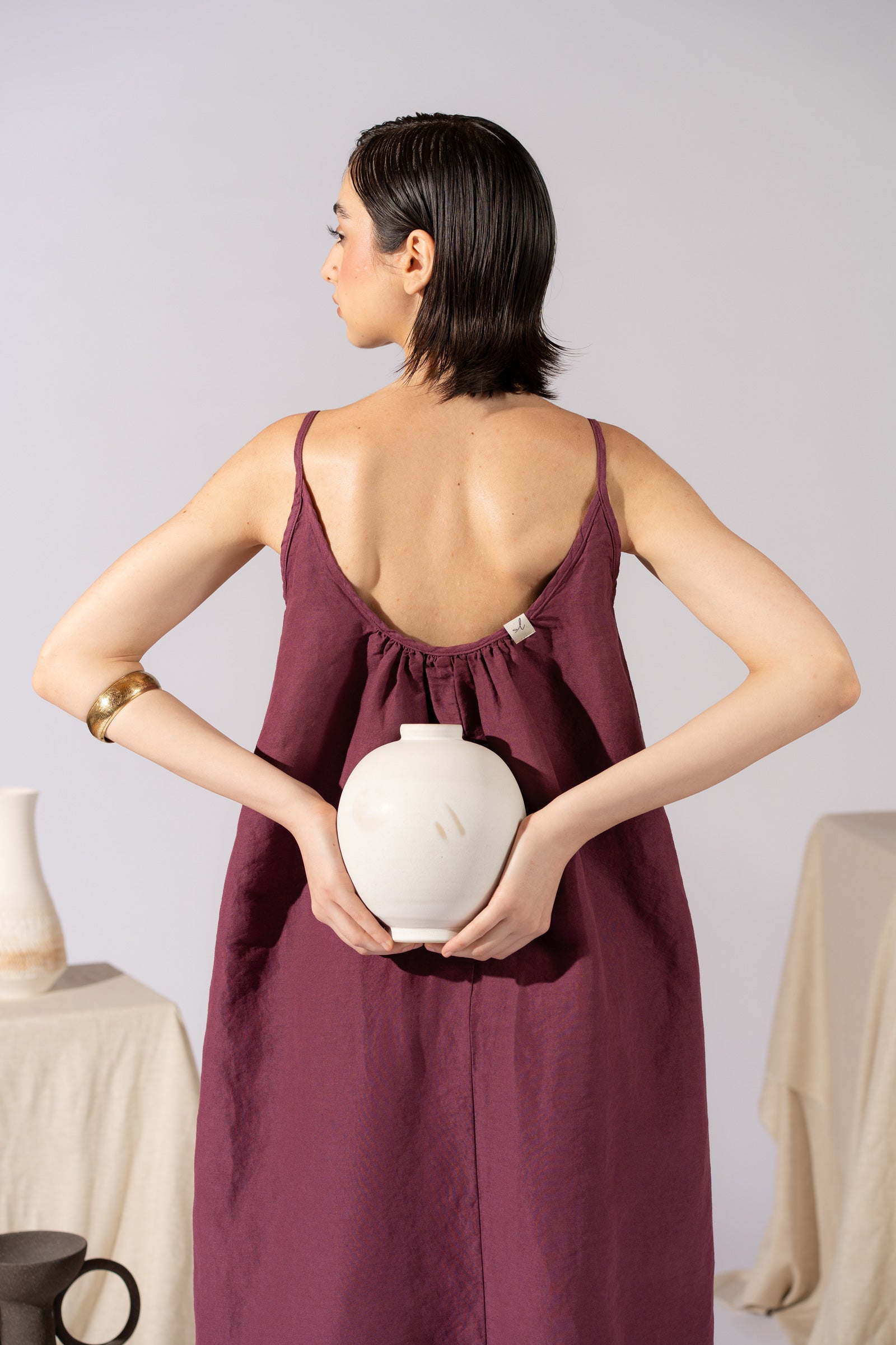 Vestito Aria in canapa cotone con fodera e tasche- Amaranto