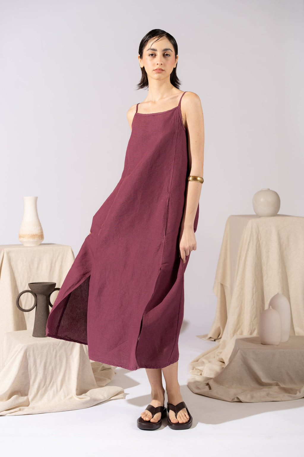 Vestito Aria in canapa cotone con fodera e tasche- Amaranto