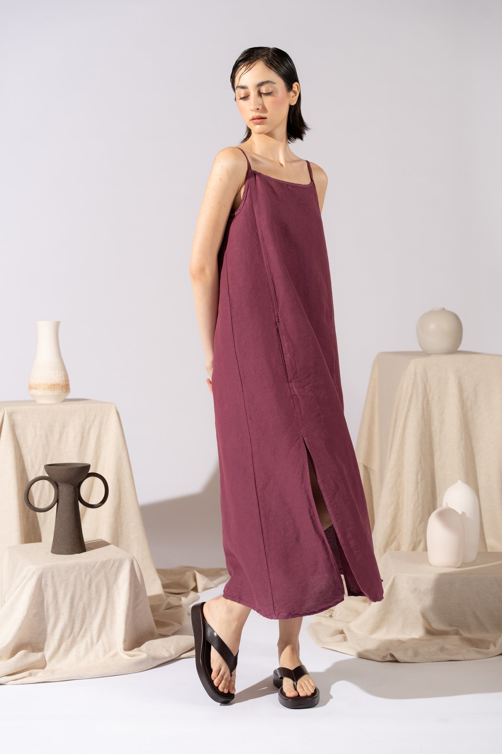 Vestito Aria in canapa cotone con fodera e tasche- Amaranto