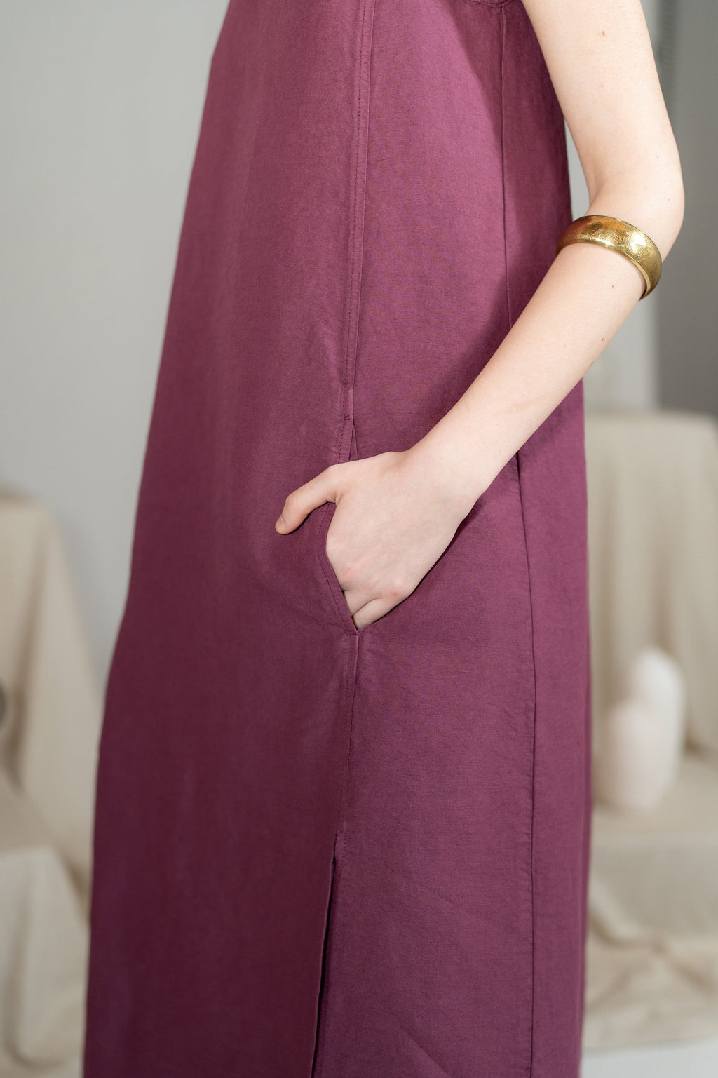 Vestito Aria in canapa cotone con fodera e tasche- Amaranto