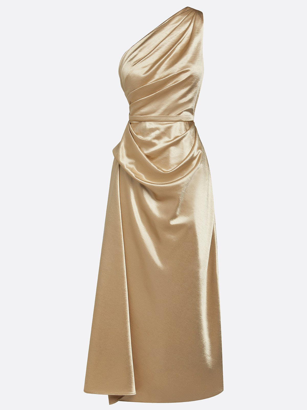 Satin One-Shoulder Ruched Wedding Guest Midi Dress