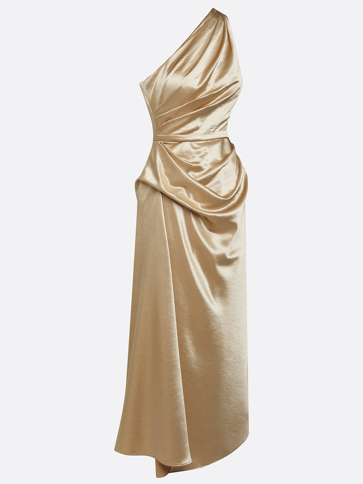 Satin One-Shoulder Ruched Wedding Guest Midi Dress