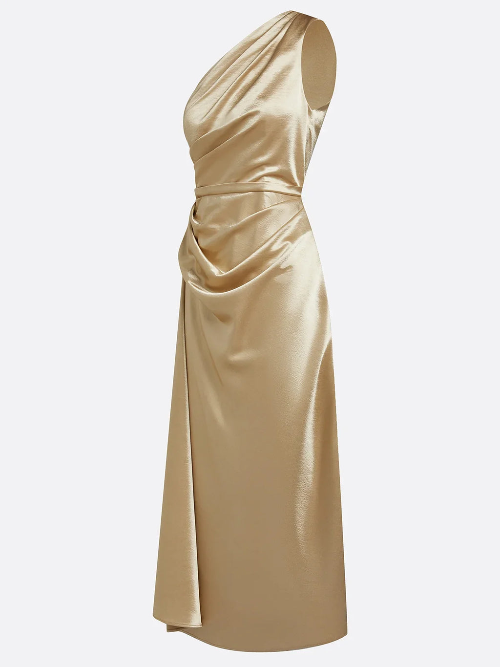 Satin One-Shoulder Ruched Wedding Guest Midi Dress