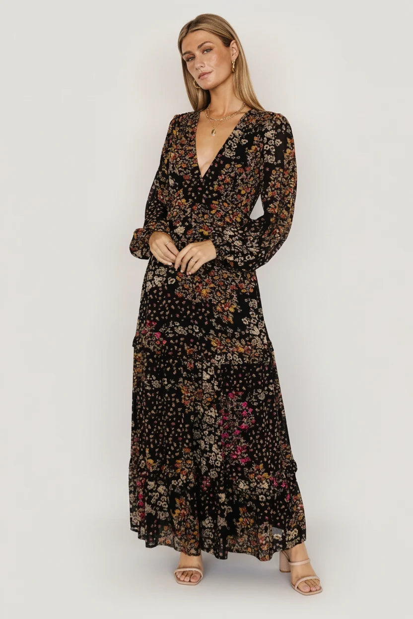 Bowman Deep V Maxi Dress | Black Multi