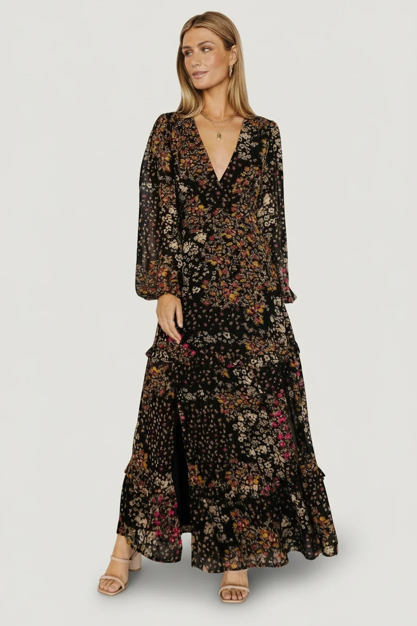 Bowman Deep V Maxi Dress | Black Multi