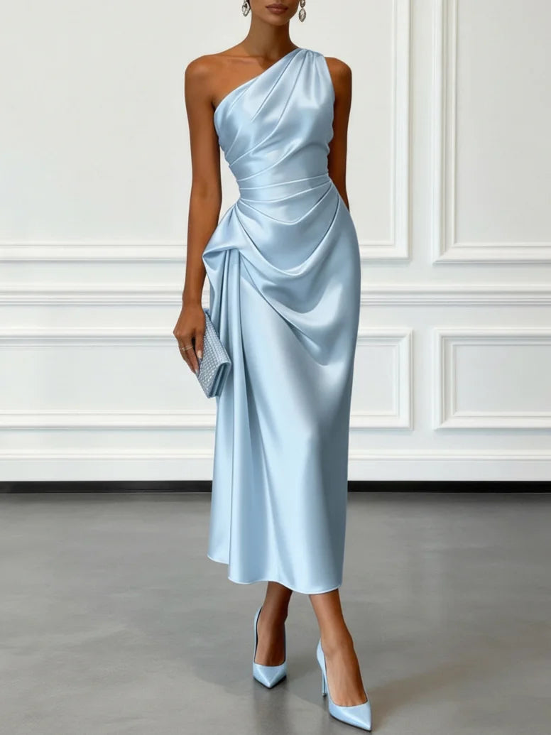 Satin One-Shoulder Ruched Wedding Guest Midi Dress