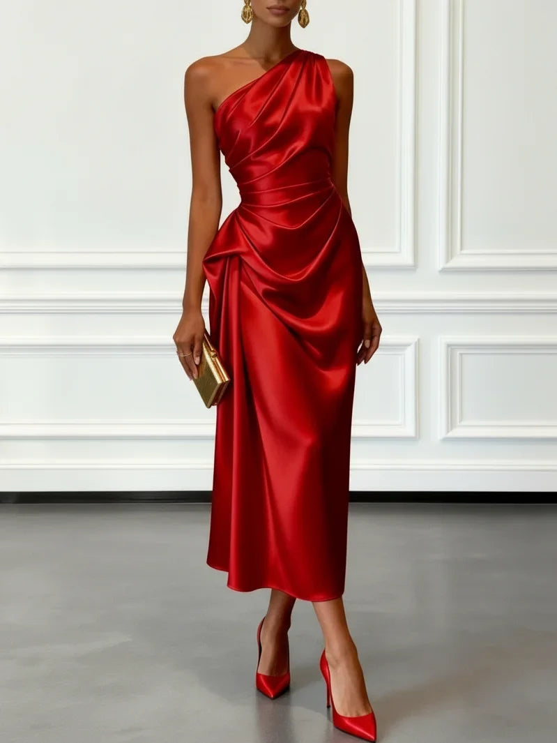 Satin One-Shoulder Ruched Wedding Guest Midi Dress