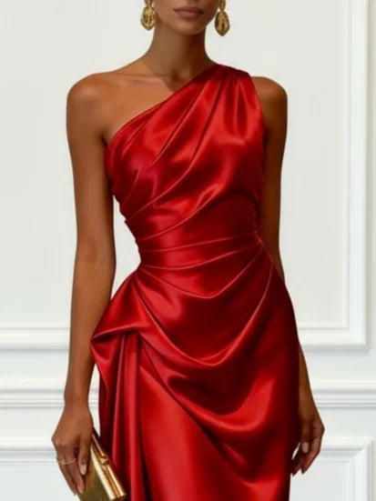 Satin One-Shoulder Ruched Wedding Guest Midi Dress