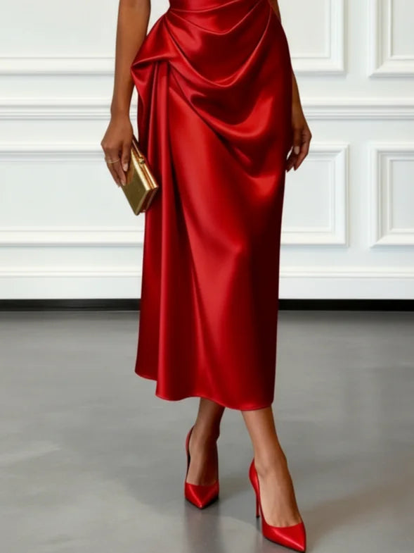 Satin One-Shoulder Ruched Wedding Guest Midi Dress