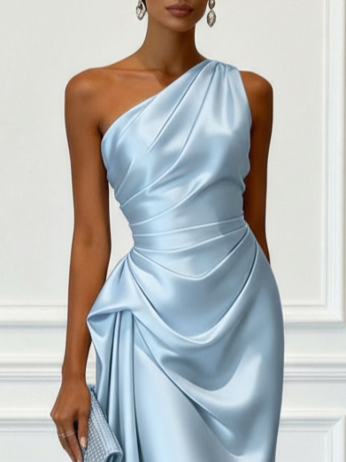 Satin One-Shoulder Ruched Wedding Guest Midi Dress