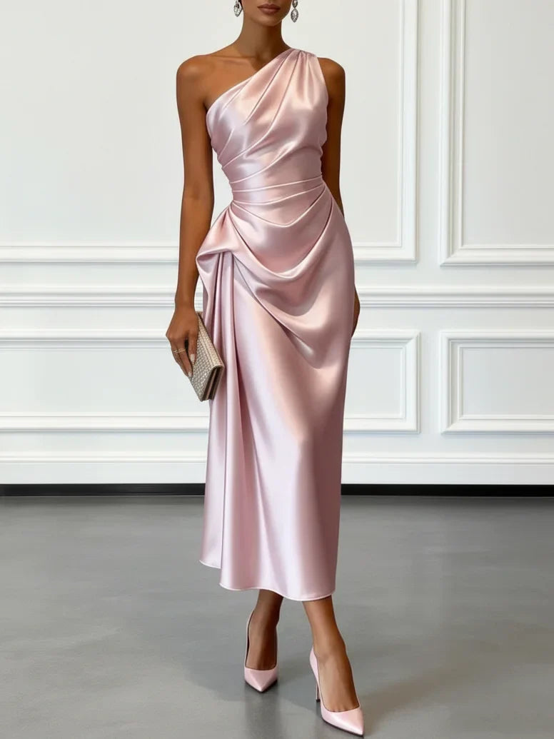 Satin One-Shoulder Ruched Wedding Guest Midi Dress