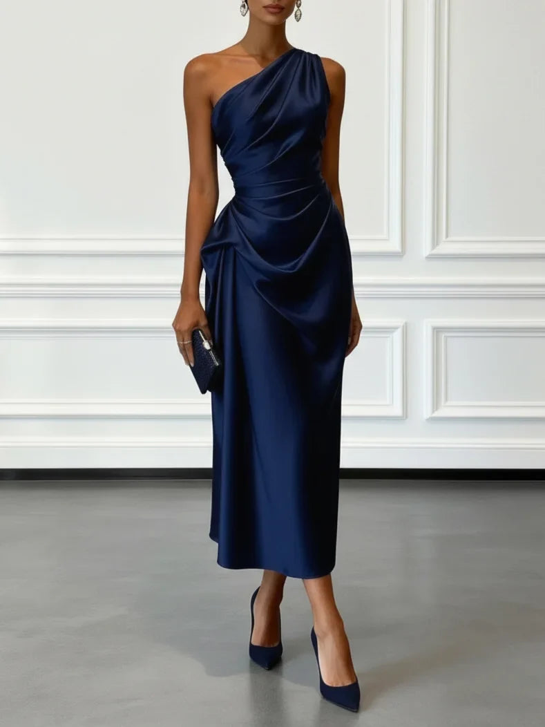 Satin One-Shoulder Ruched Wedding Guest Midi Dress
