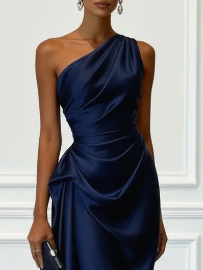 Satin One-Shoulder Ruched Wedding Guest Midi Dress