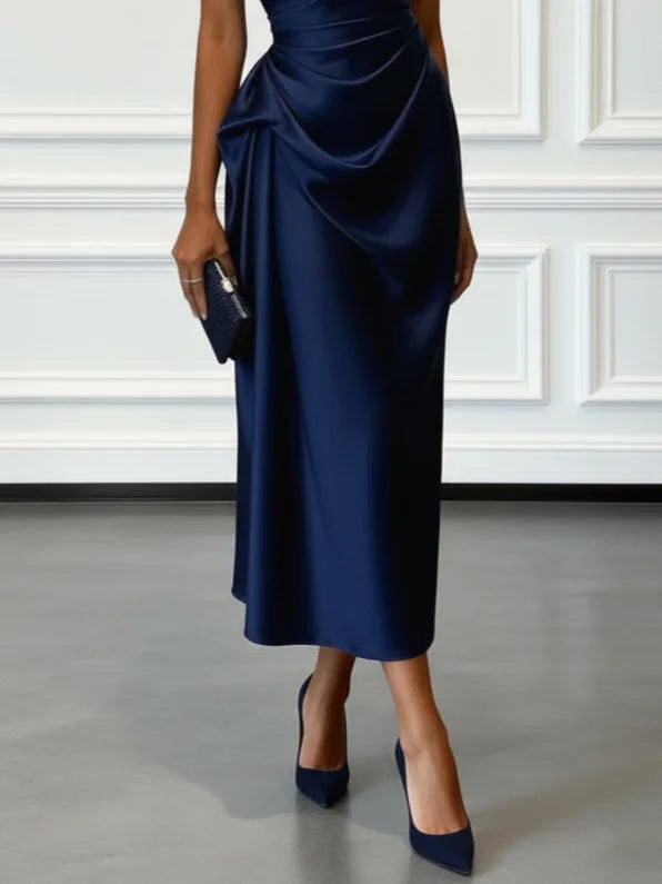Satin One-Shoulder Ruched Wedding Guest Midi Dress