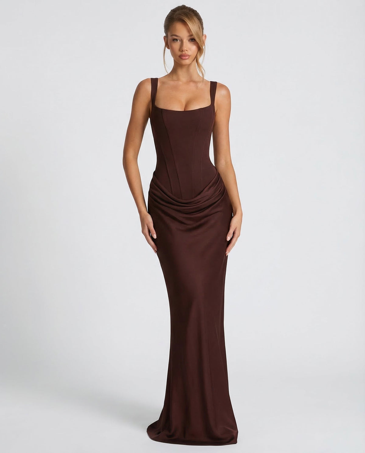 Robe longue femme col carré taille drapée