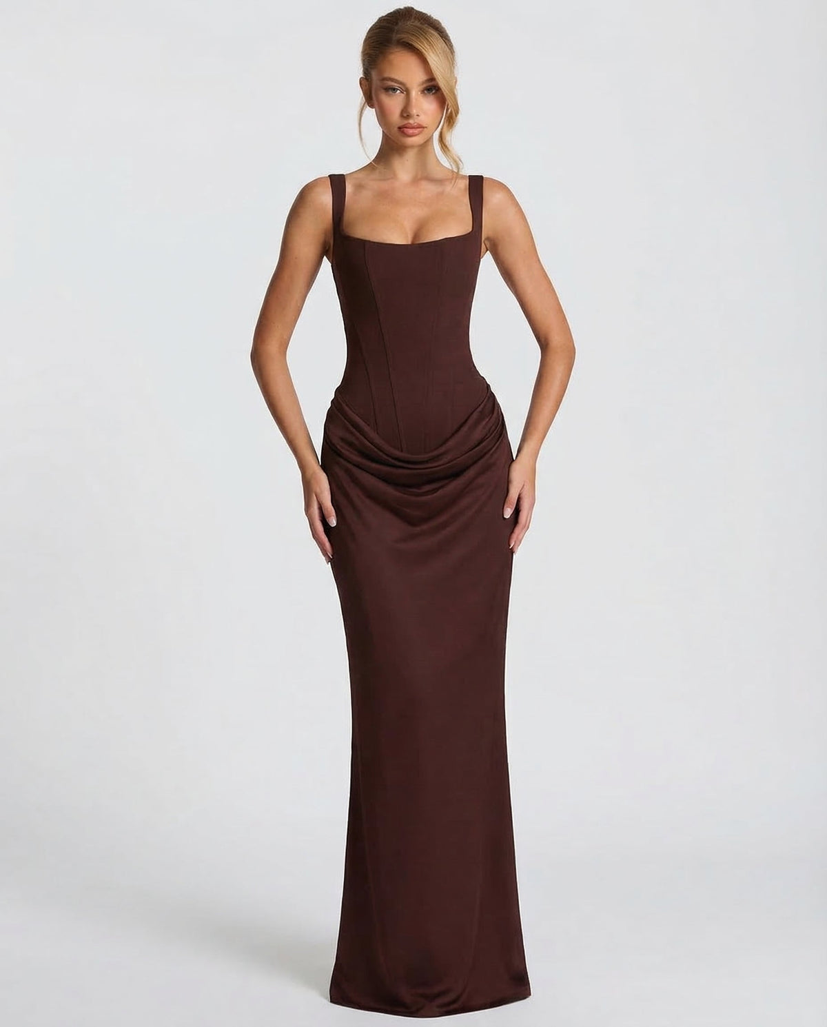 Robe longue femme col carré taille drapée