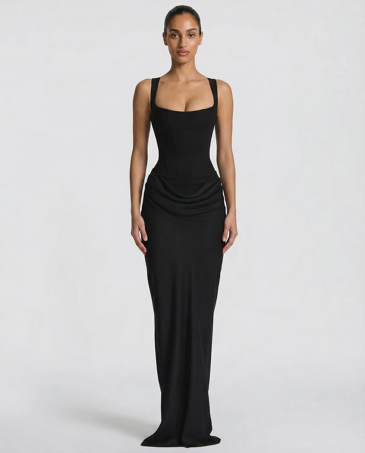Robe longue femme col carré taille drapée