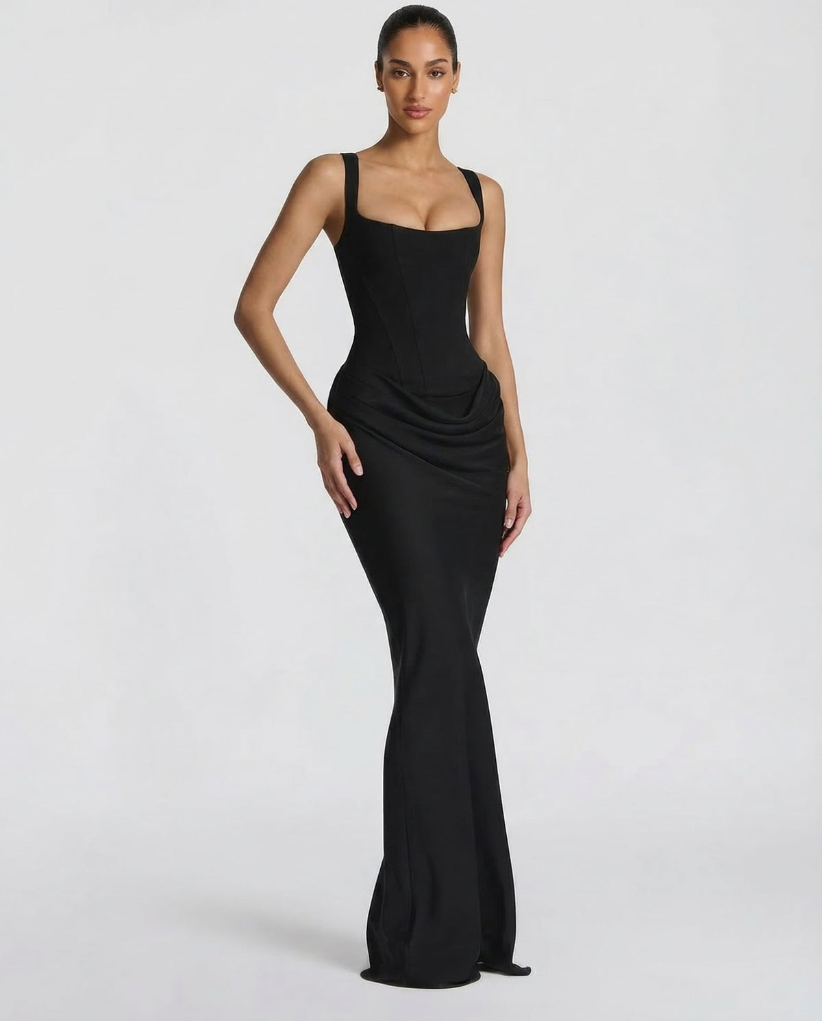 Robe longue femme col carré taille drapée