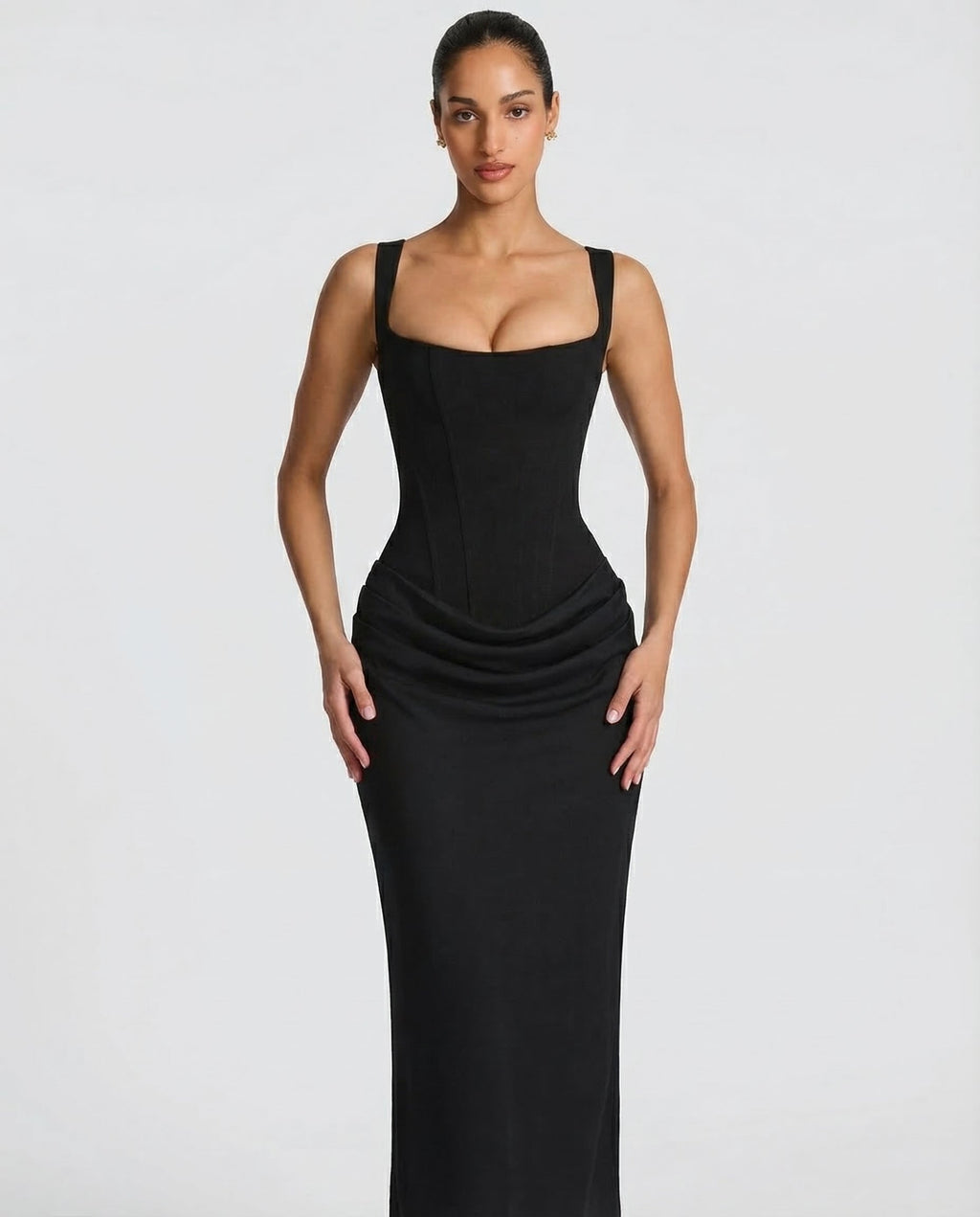 Robe longue femme col carré taille drapée
