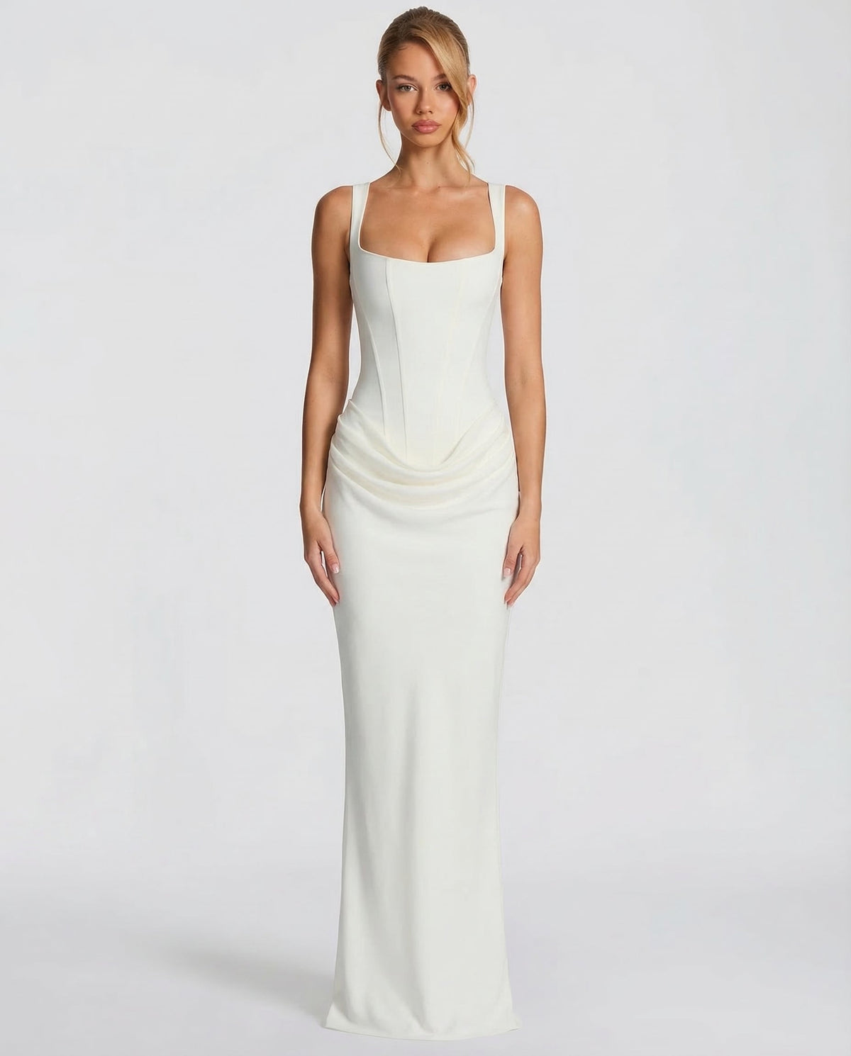 Robe longue femme col carré taille drapée