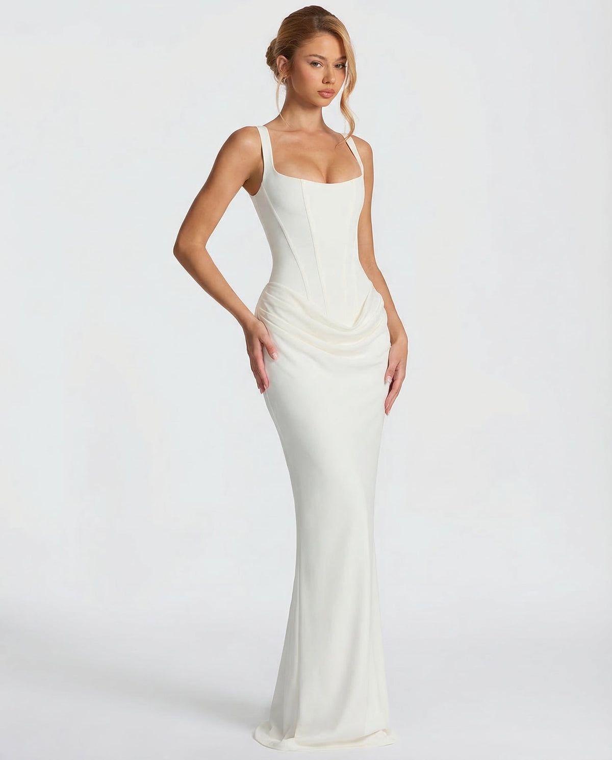 Robe longue femme col carré taille drapée