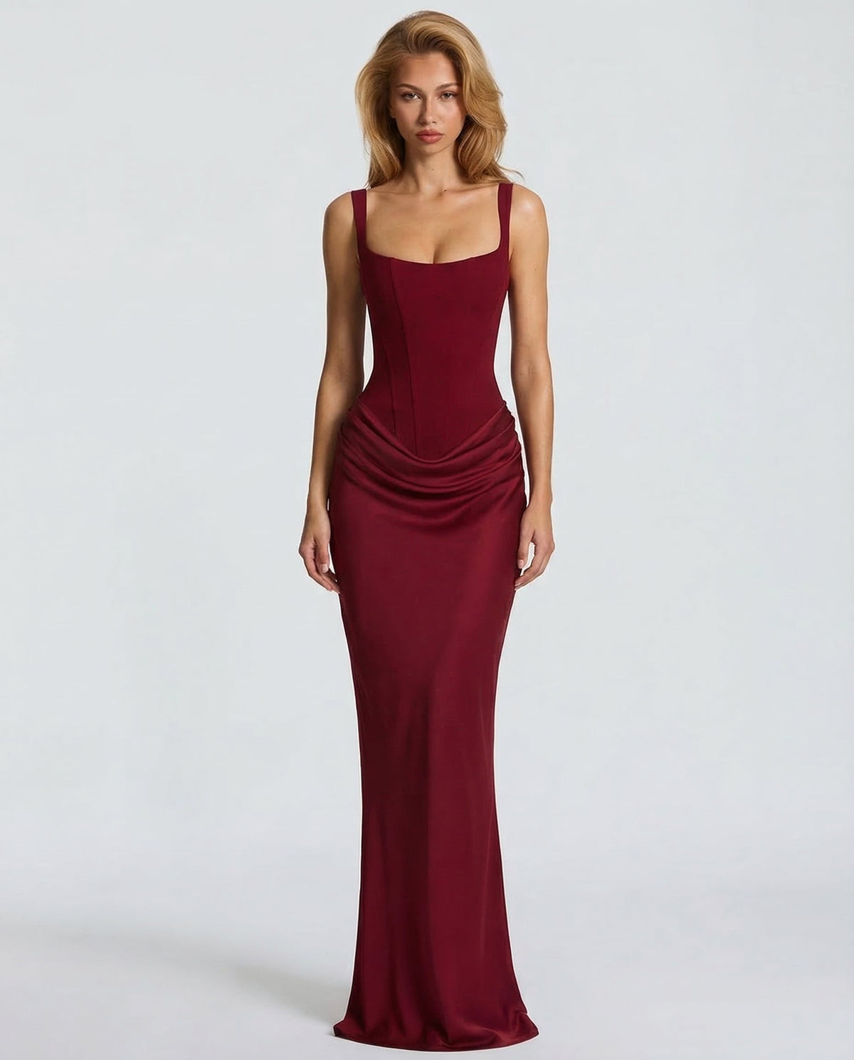 Robe longue femme col carré taille drapée