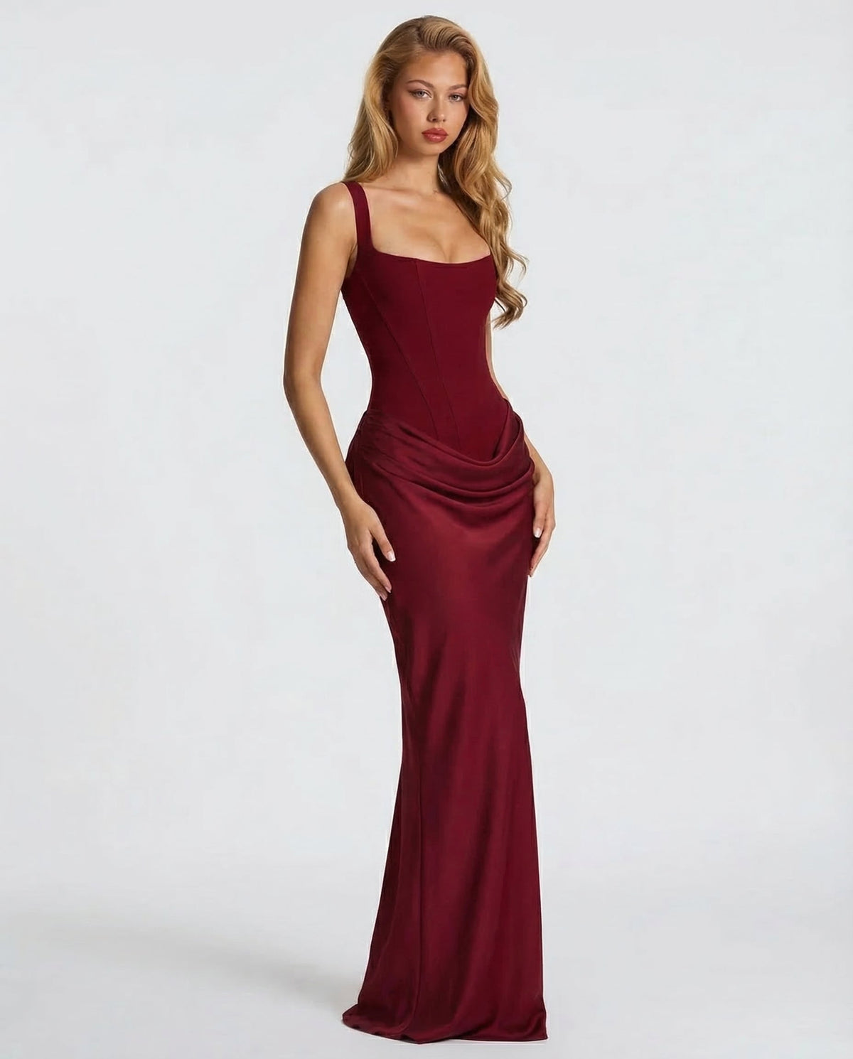 Robe longue femme col carré taille drapée