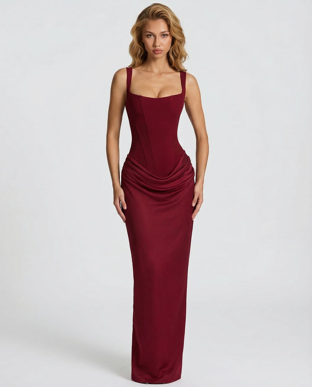 Robe longue femme col carré taille drapée