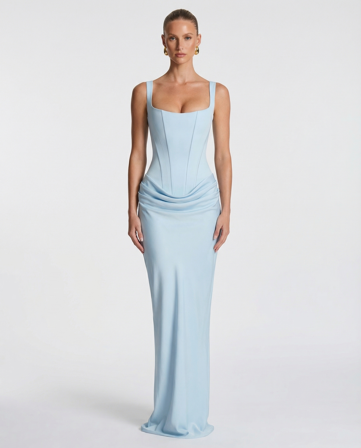 Robe longue femme col carré taille drapée